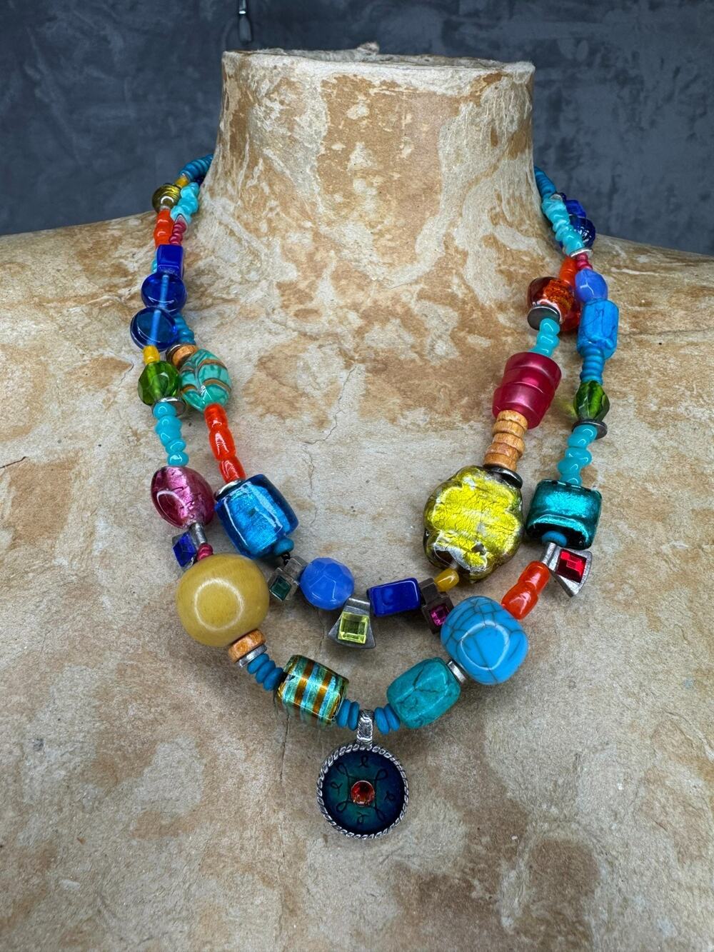 Chicos Necklace Mixed Glass Beaded Chunky Colorful Artsy Statement Boho Tribal